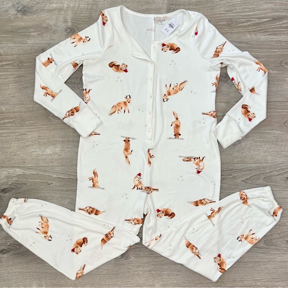 Gilly Hicks Dreamworthy Soft Jumpsuit Christmas Foxes White size Small - Picture 2 of 15